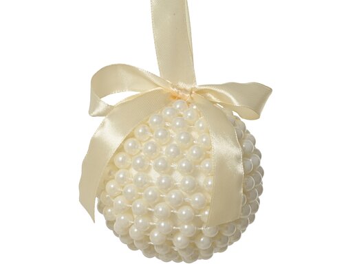 Kerstbal met strik kunststof - D10cm Parel - afbeelding 1