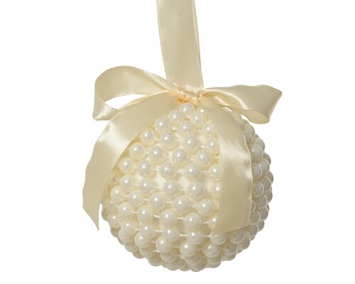Kerstbal met strik kunststof - D8cm Parel - afbeelding 1