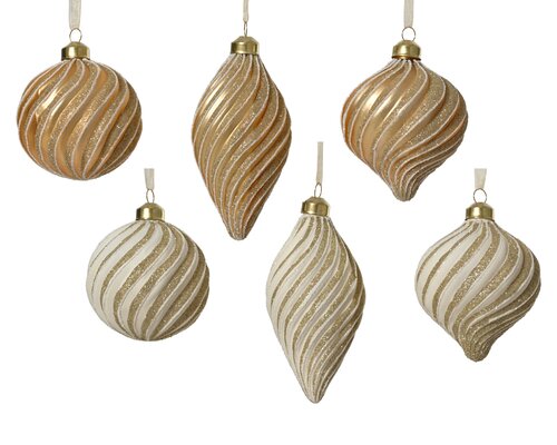 Kerstballen glas - D8cm Wolwit en licht goud per stuk - afbeelding 1