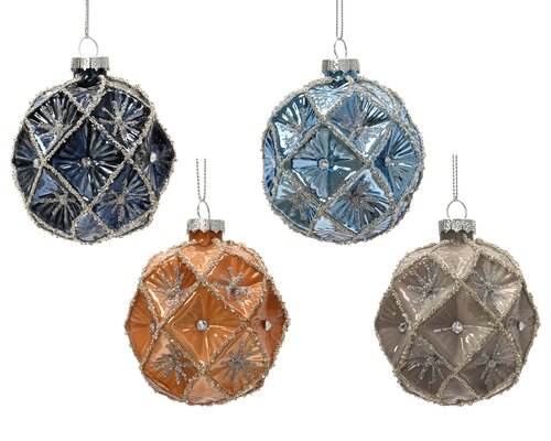 Kerstballen glas ruitpatroon - D8cm Blauw per stuk - afbeelding 1