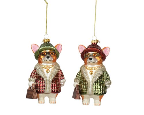Kersthanger hond glas - B5,8xH13cm Groen per stuk