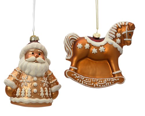 Kersthangers kerstman en hobbelpaard glas - H12cm Bruin per stuk