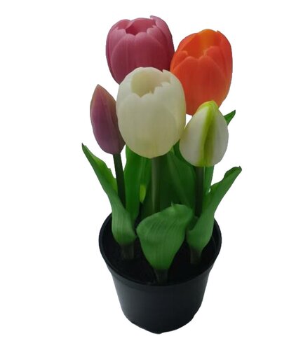 Kunst Tulpen in pot 5 stuks - 22 cm paars/oranje/wit