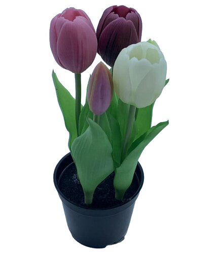 Kunst Tulpen in pot 5 stuks - 22 cm paars/roze/wit