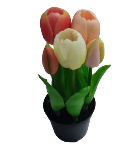 Kunst Tulpen in pot 5 stuks - 22 cm roze/lichtroze/wit