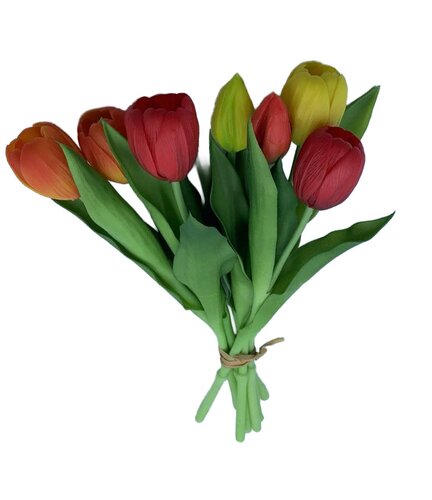 Kunsttulpen gemixt rood/oranje/geel, 7 stuks - H 32 cm