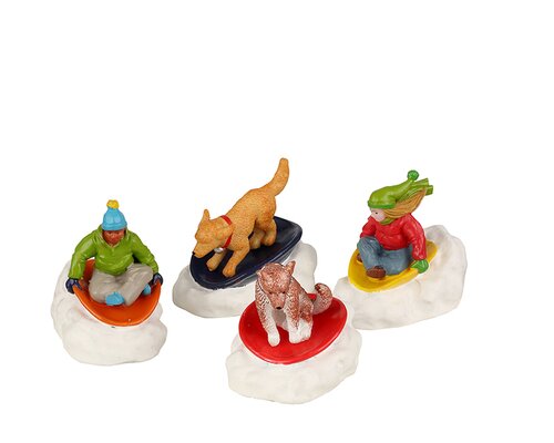 Lemax kerstdorpminiatuur Vail Village Dog snow saucer fun, set van 4