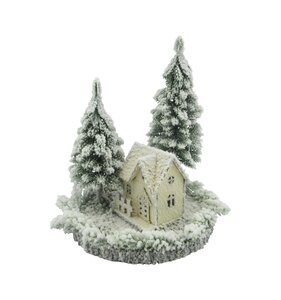 Miniboompjes en huisje op ronde voet sneeuwfinish - D 20 x H 25 cm