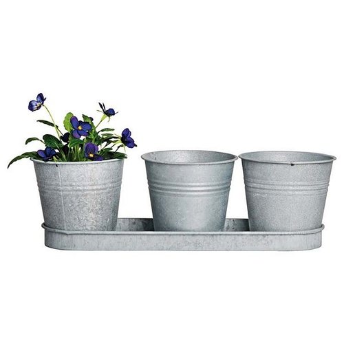 Oud zink set 3 potjes op tray