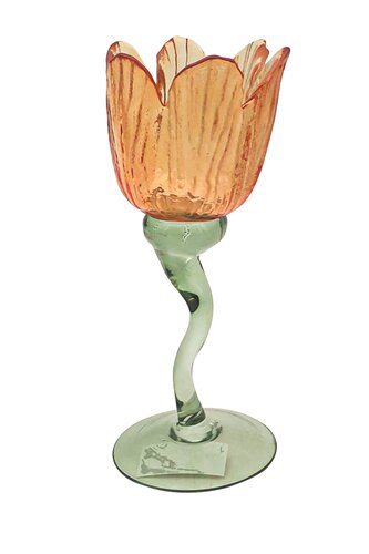 Theelichthouder glas flower op voet D 8,5 x H 19,5 cm orange