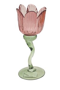 Theelichthouder glas flower op voet D 8,5 x H 19,5 cm fuchsia