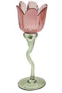 Theelichthouder glas flower op voet D 8,5 x H 22,5 cm fuchsia