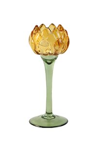 Theelichthouder glas flower op voet D 8 x H 20,2 cm yellow