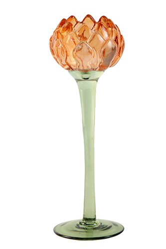 Theelichthouder glas flower op voet D 8 x H 25,2 cm orange