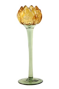 Theelichthouder glas flower op voet D 8 x H 25,2 cm yellow