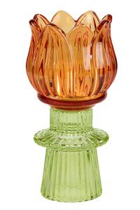 Theelichthouder/kandelaar glas flower D 7 x H 14 cm orange