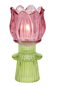 Theelichthouder/kandelaar glas flower D 7 x H 14 cm fuchsia