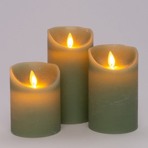 Anna’s Collection 3st. LED Rustiek wax stompkaars Jade groen - Ø 7,5 x H 10/12,5/15 cm - afbeelding 1