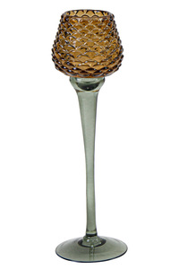 Theelichthouder op voet glas "Pinecone" D 8 x H 26 cm bruin