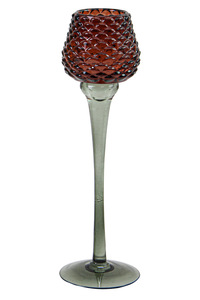 Theelichthouder op voet glas "Pinecone" D 8 x H 26 cm d.bruin