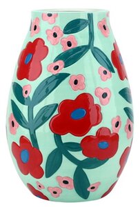 Vaas handgeschilderde bloemen turquoise - D 19,5 x H 28 cm - afbeelding 1