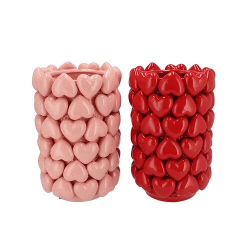 Vaas met hartjes roze/rood - H 26 x D 18 cm