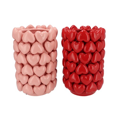 Vaas met hartjes roze/rood - H 32 x D 22 cm