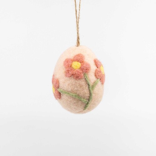 Vilten hanger paasei bloemen D 6 x H 8 cm roze/rood