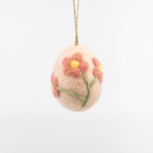 Vilten hanger paasei bloemen D 6 x H 8 cm roze/rood