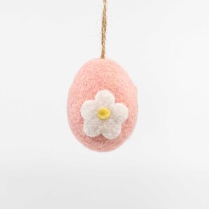 Vilten hanger paasei met bloem D 6 x H 8 cm roze/wit