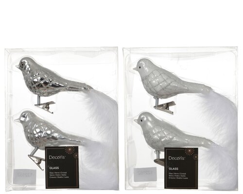 Vogel glas - L9xH8cm Zilver/winterwit 2 stuks - afbeelding 1