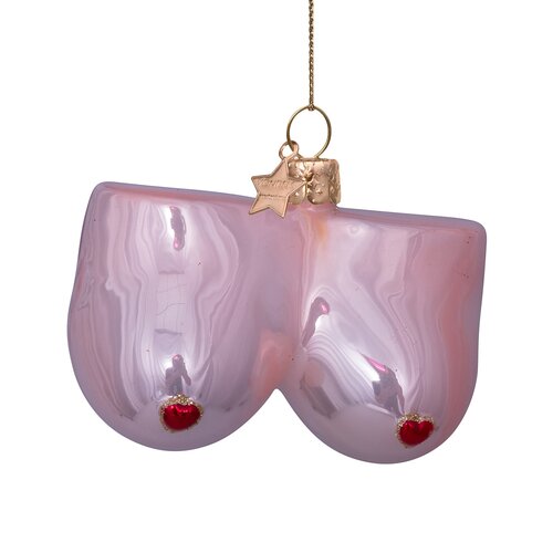 Vondels Kerstornament glas borsten met hartjes - H7cm Roze - afbeelding 1