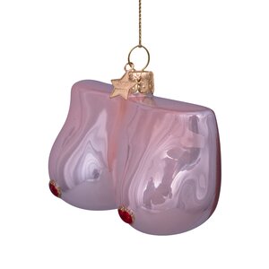 Vondels Kerstornament glas borsten met hartjes - H7cm Roze - afbeelding 2