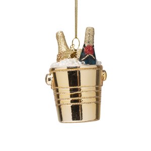 Vondels Kerstornament glas champagneflessen in koeler - H8,5cm Goud - afbeelding 1
