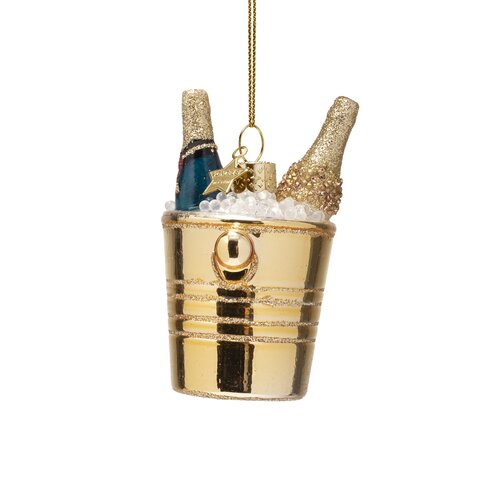 Vondels Kerstornament glas champagneflessen in koeler - H8,5cm Goud - afbeelding 3