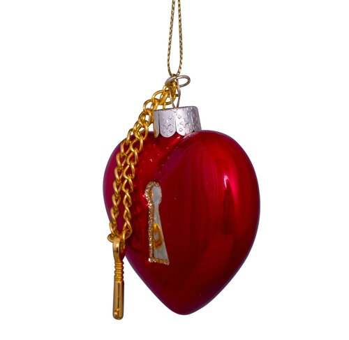 Vondels Kerstornament glas hart met sleutelslot - H6,5cm Rood - afbeelding 2