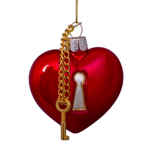 Vondels Kerstornament glas hart met sleutelslot - H6,5cm Rood - afbeelding 1