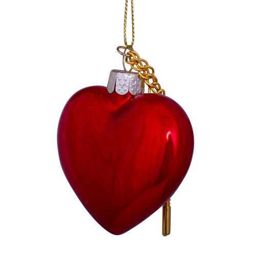Vondels Kerstornament glas hart met sleutelslot - H6,5cm Rood - afbeelding 3