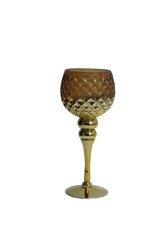 Waxinelichthouder op voet glas D 13 x H 30 cm amber/goud