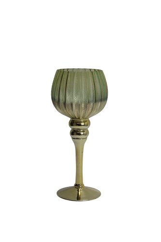 Waxinelichthouder op voet glas D 13 x H 30 cm groen/goud