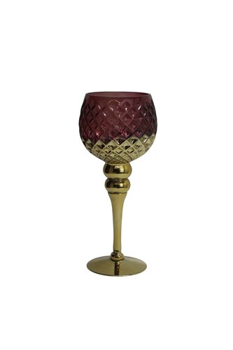 Waxinelichthouder op voet glas D 13 x H 30 cm wijnrood/goud