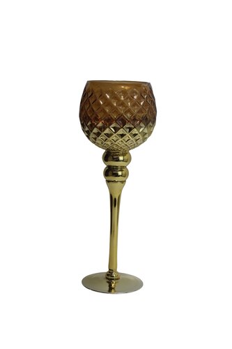 Waxinelichthouder op voet glas D 13 x H 35 cm amber/goud