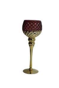 Waxinelichthouder op voet glas D 13 x H 35 cm wijnrood/goud - afbeelding 1
