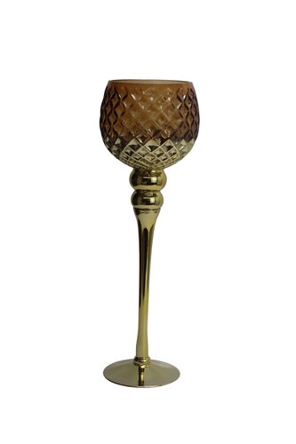 Waxinelichthouder op voet glas D 13 x H 40 cm amber/goud