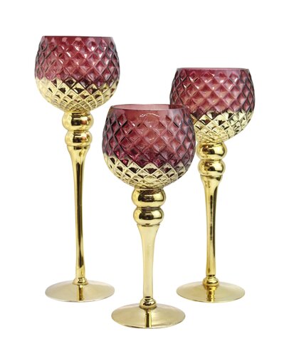 Waxinelichthouder op voet glas D 13 x H 40 cm wijnrood/goud - afbeelding 2