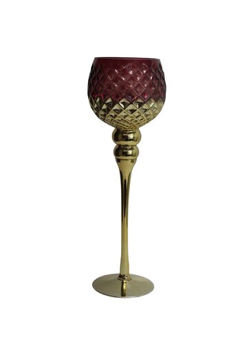 Waxinelichthouder op voet glas D 13 x H 40 cm wijnrood/goud - afbeelding 1
