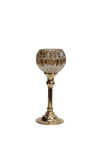 Waxinelichthouder op voet glas/metaal D 10,5 x H 25 cm amber/goud