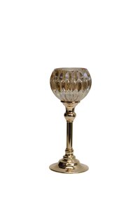 Waxinelichthouder op voet glas/metaal D 10,5 x H 25 cm amber/goud