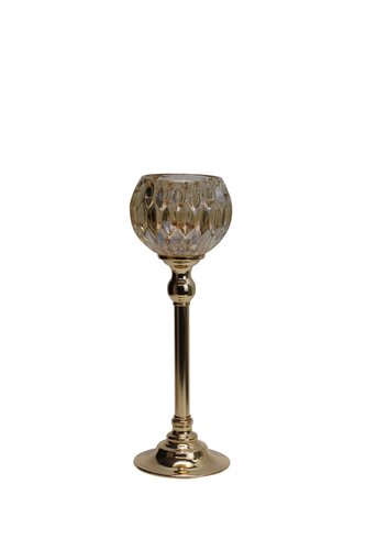 Waxinelichthouder op voet glas/metaal D 10,5 x H 30 cm amber/goud