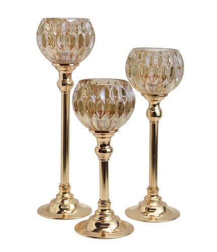 Waxinelichthouder op voet glas/metaal D 10,5 x H 35 cm amber/goud - afbeelding 2